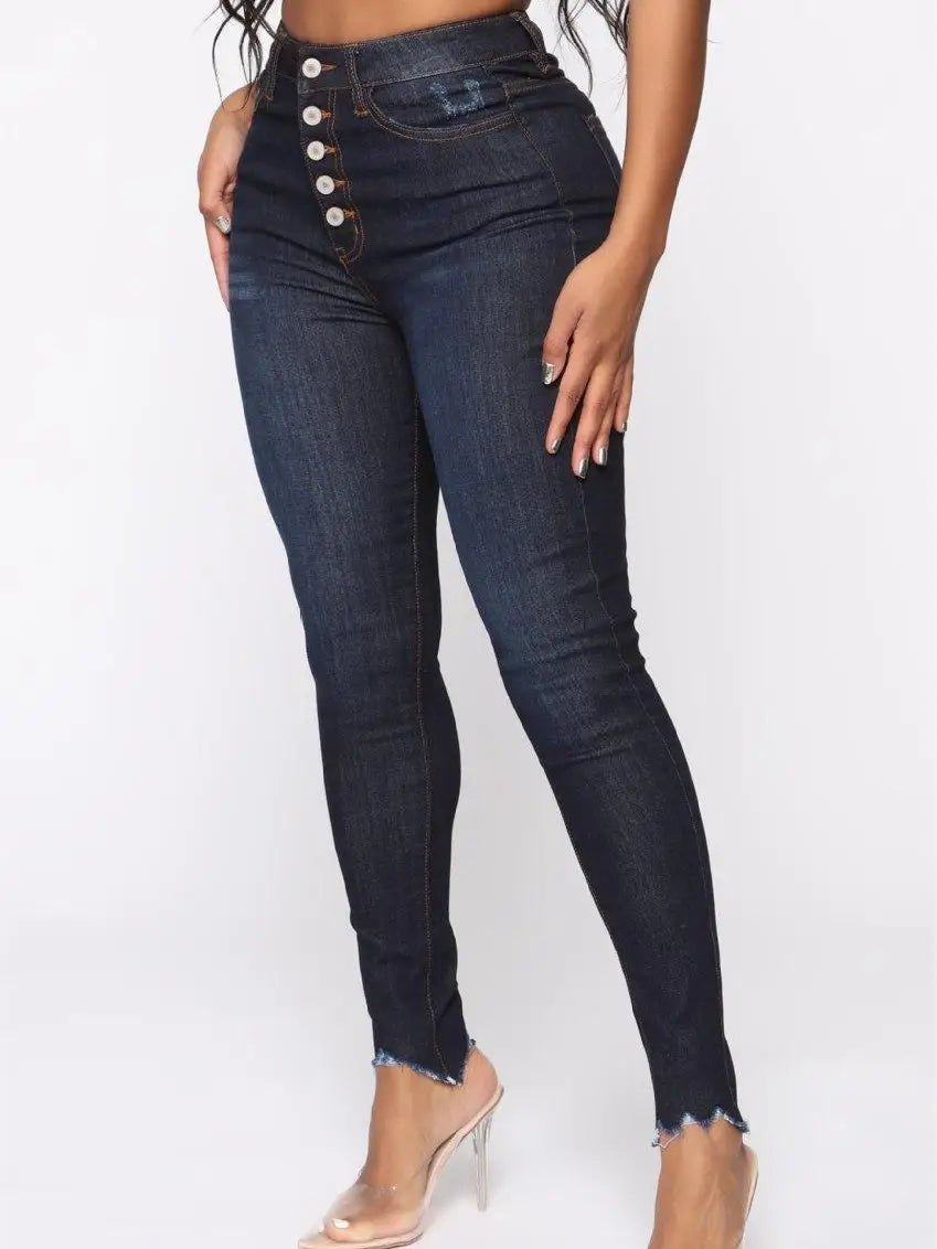 Hight Waisted Button Stretch Slim Pants Length Jeans