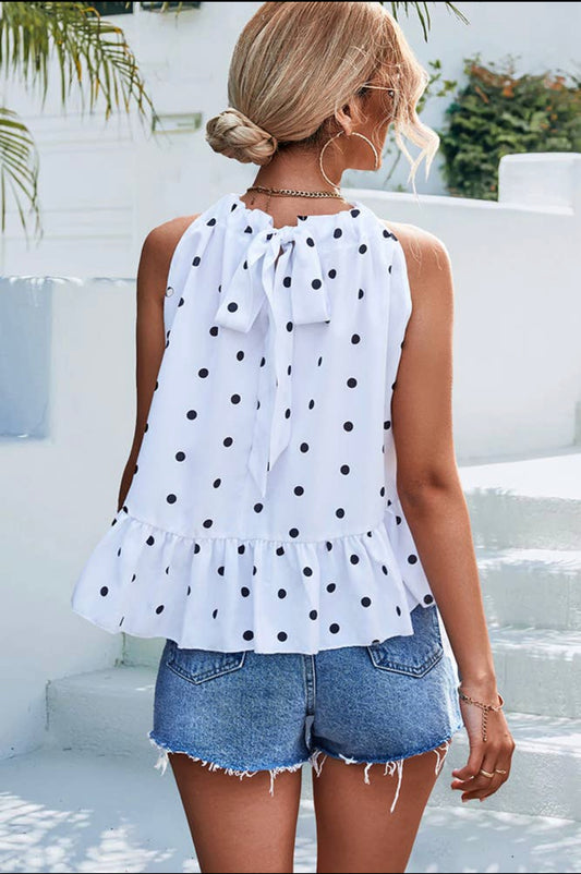 Spot Printed Halter Sleeveless Back Tie Tank Top