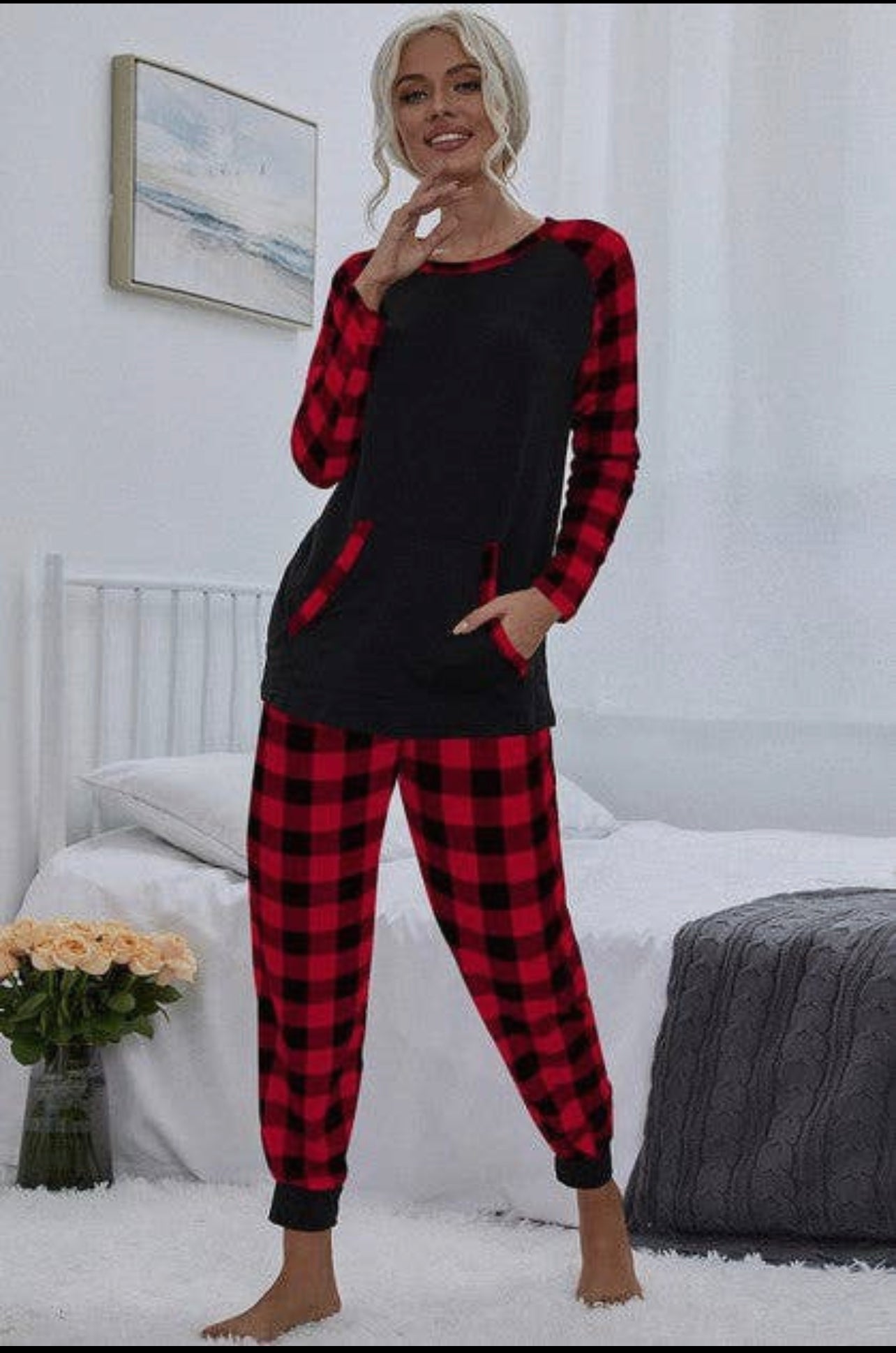Black Plaid Long Sleeve Pajamas Sets