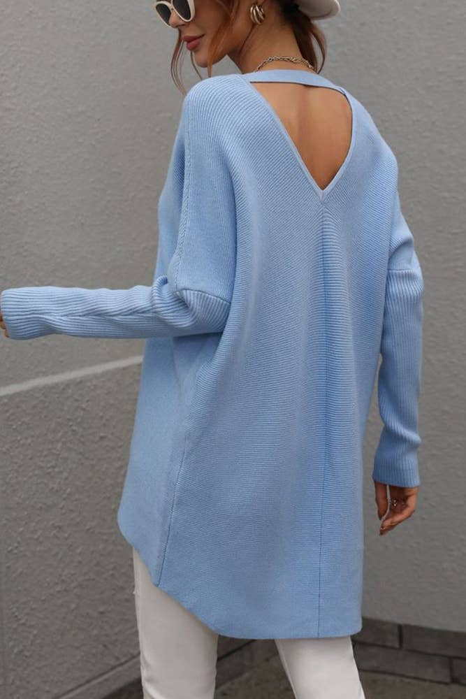 Front Back V Neck Plain Loose Pullover Sweaters MY023: Blue / L