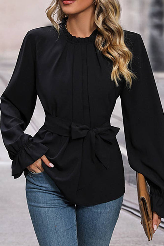 Black Frill Collar Lantern Sleeves Blouse BFZY617: Black / M