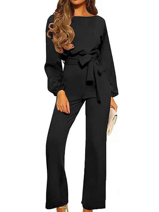 Casual Jumpsuits Long Sleeve Belted Wide Leg Rompers