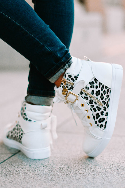 White Rivets Buckle Strap Leopard Patchwork High Top Sneakers/Tennis Shoe