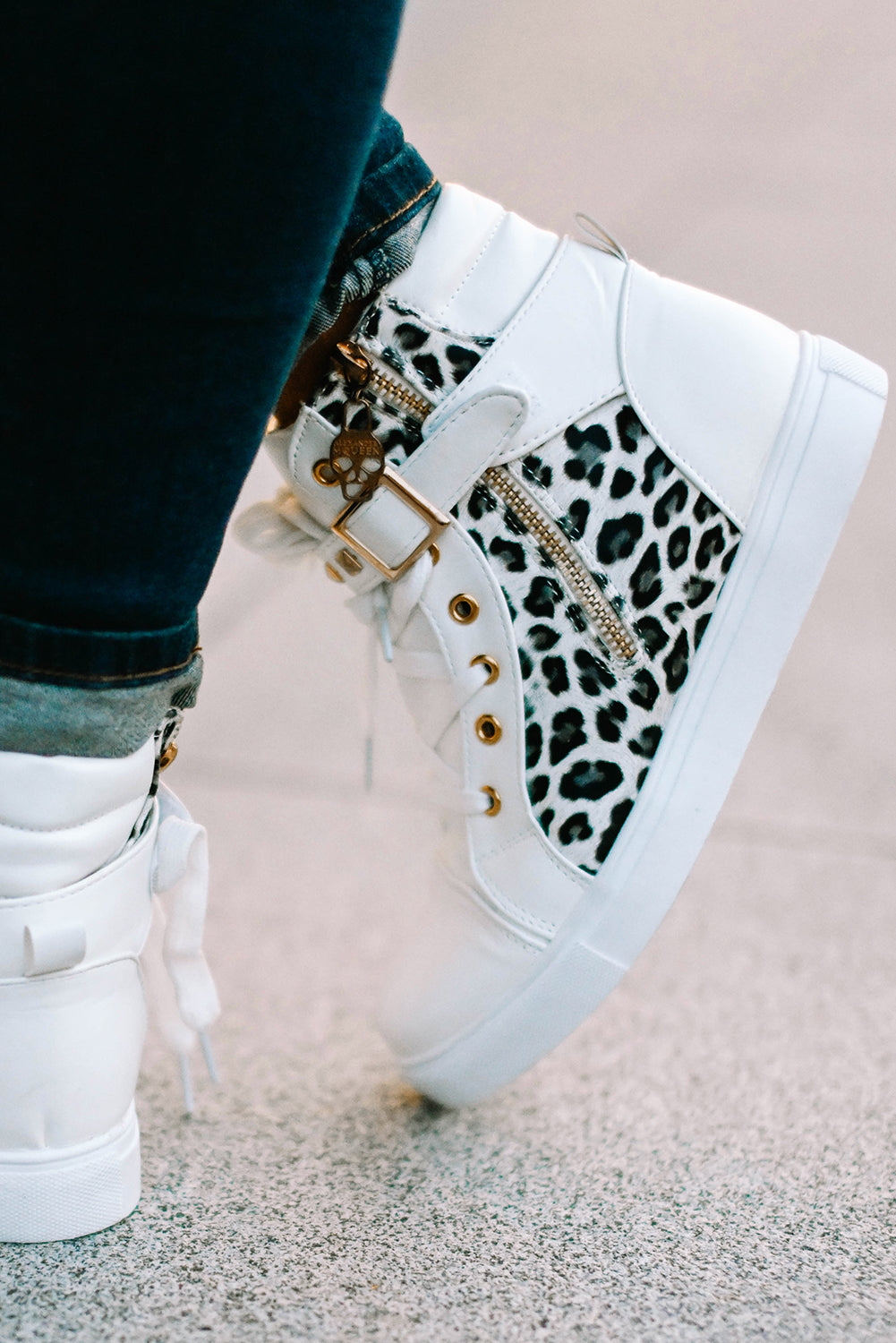 White Rivets Buckle Strap Leopard Patchwork High Top Sneakers