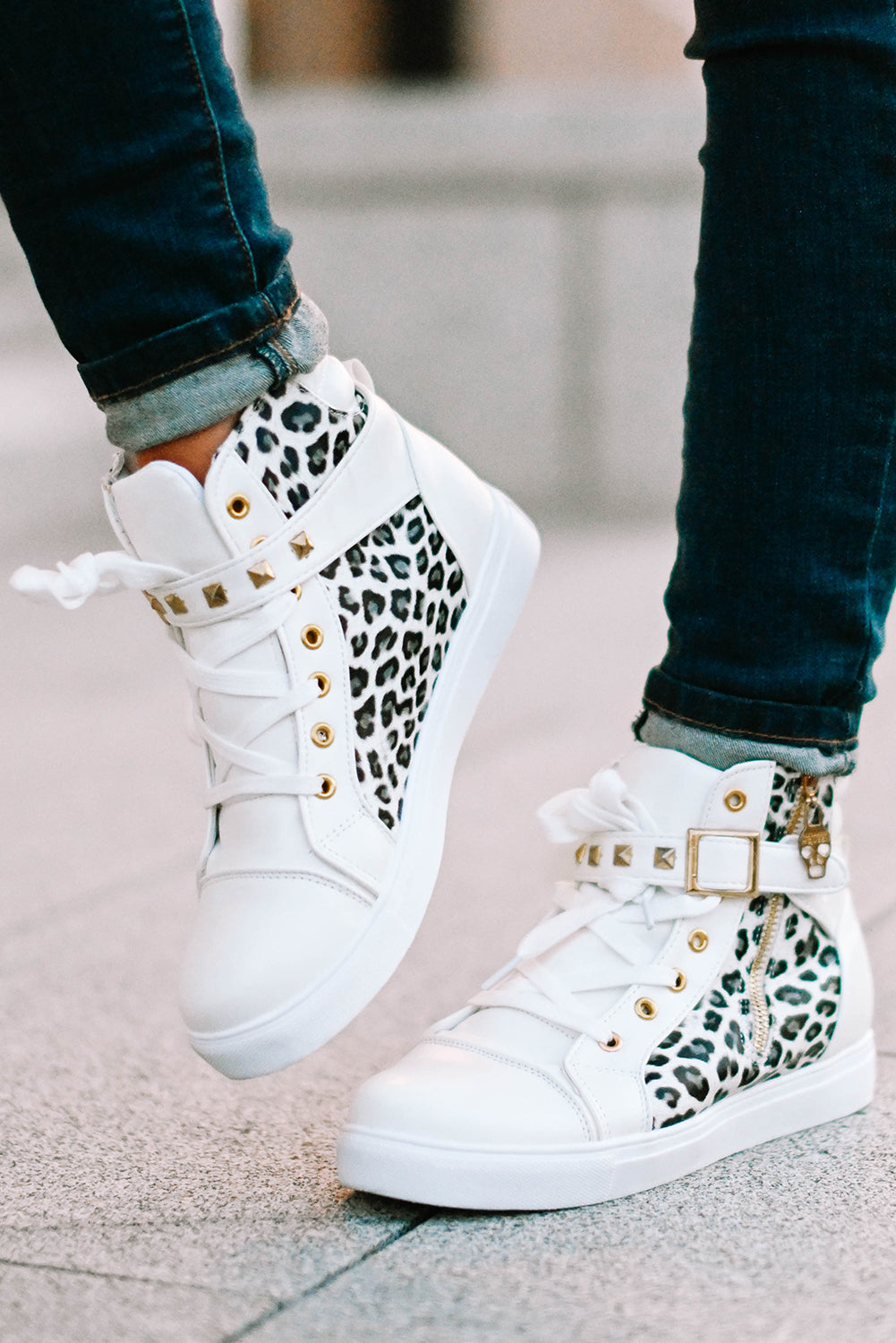 White Rivets Buckle Strap Leopard Patchwork High Top Sneakers