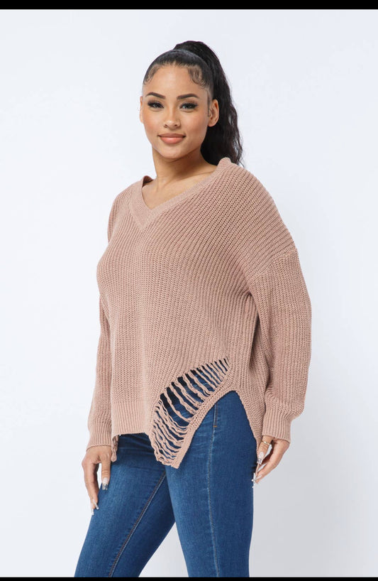 Oversized Knit Front And Back Cozy Distressed Sweater