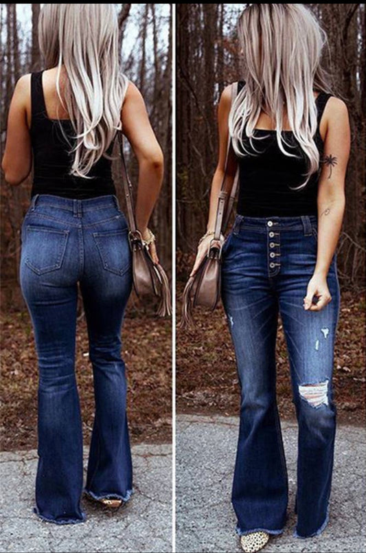 BTMW004 High Waist Hole Bell Bottom Pants Jeans